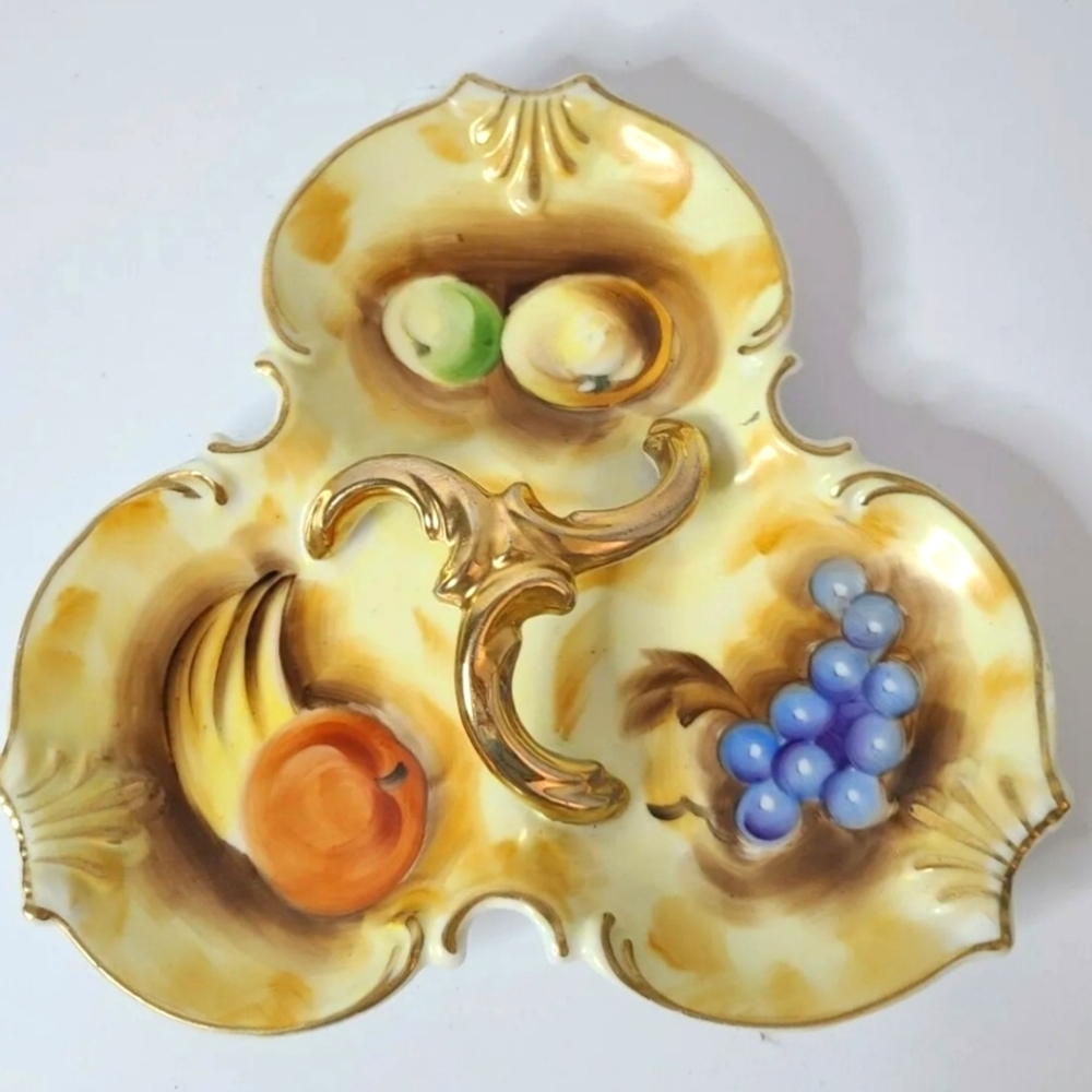 Enesco Divided Candy Nut Dish Server Gold Handle Painted Fruit Victorian Vintage